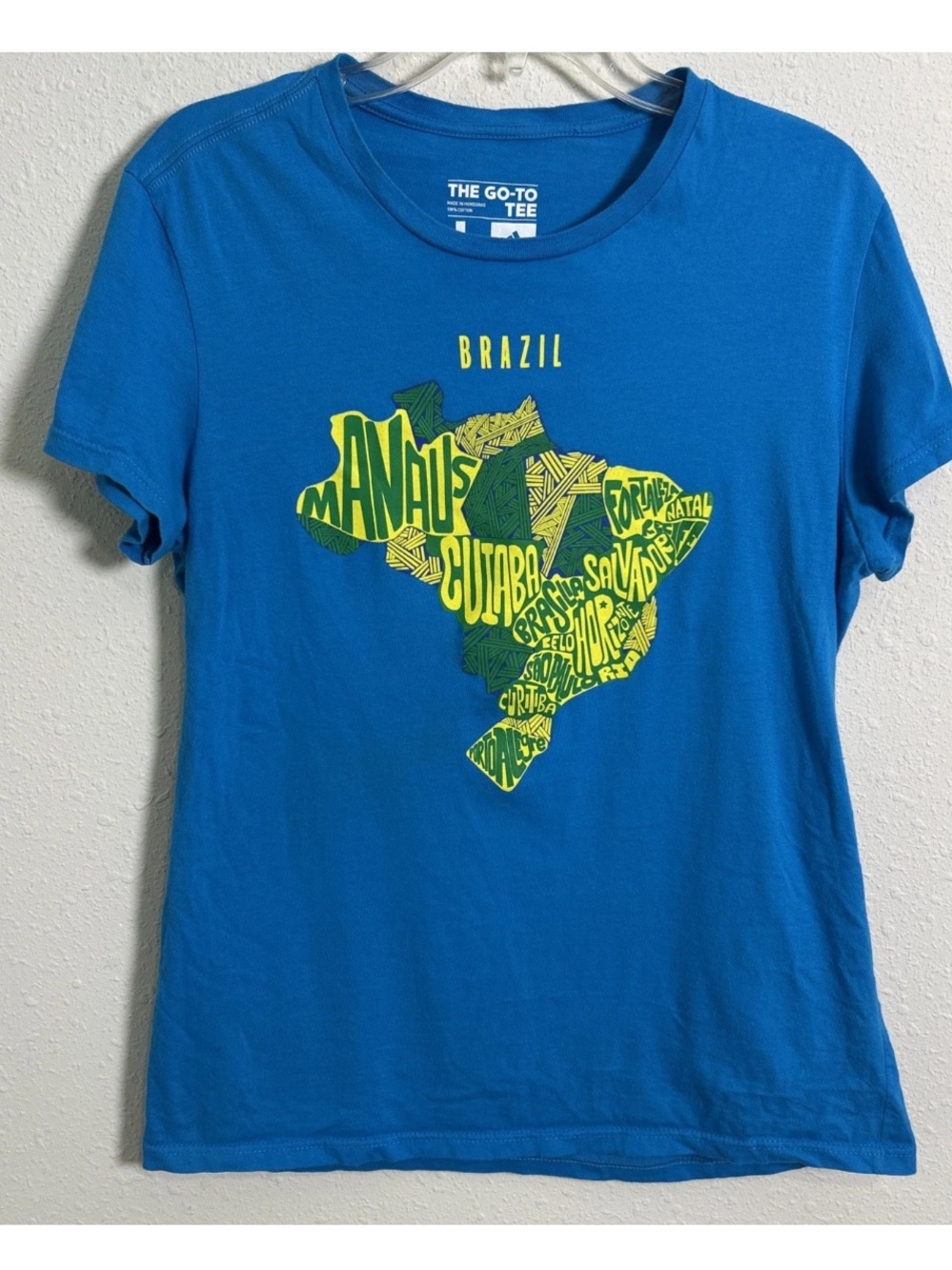 Adidas Women’s Large Brazil Country Map Logo Graphic Short Sleeve T-Shirt Blue